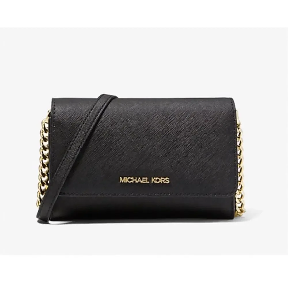 Michael Kors Jet Set Travel Crossbody Black Saffiano Leather Organizer Wallet